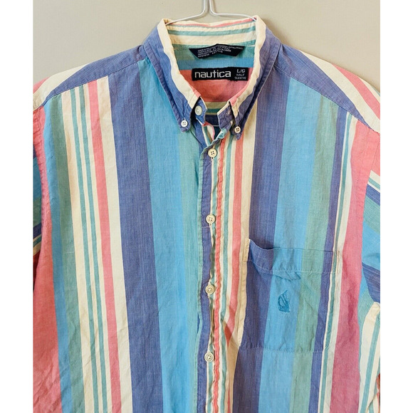 Vintage 1990's Nautica Pastel Striped Short Sleeve Button Shirt Mens Large - Picture 2 of 12